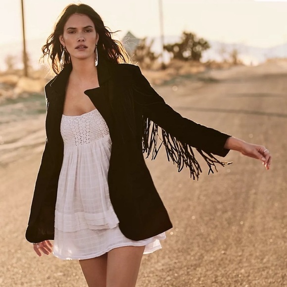 🌙 Free People Black Marlboro Fringe Sleeves Back Genuine Leather Blazer Jacket - Picture 1 of 16